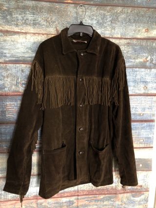 Vintage Mens Medium Brown Berman Buckskin Coat Suede Leather Fringe Jacket
