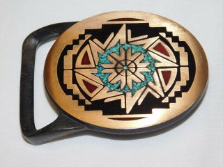 Vtg 1978 Tech Ether Guild Belt Buckle Turquoise Inlay Tama Solid Brass Turner