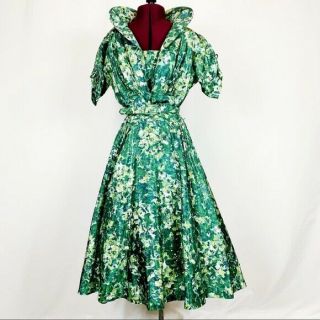 Vintage 50s Green Watercolor Fit Flare Belted Dress M/l