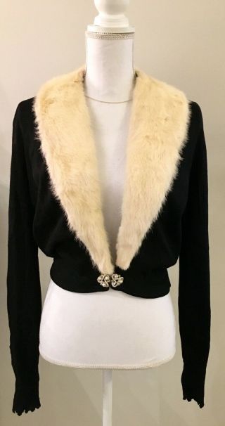 Vintage Black Cashmere Sweater With Mink Fur Collar Size Medium