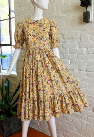 Vtg 80s Yellow Floral Prairie Gunne Sax Style Puff Sleeve Milkmaid Dress Xs