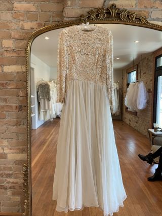 1960’s Vintage Cele Peterson Peach Sequin Gown Longsleeve Wedding Dress Formal