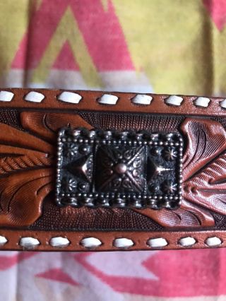 Vintage Hand Tooled Leather Sterling Silver Buckle Western Belt made in Texas M 2