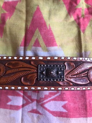 Vintage Hand Tooled Leather Sterling Silver Buckle Western Belt made in Texas M 3