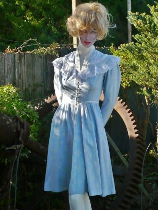 Vintage Victorian Steel Blue Shimmering Silver Floral Gunne Sax Midi Dress