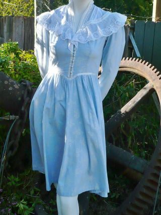 Vintage Victorian Steel Blue Shimmering Silver Floral Gunne Sax Midi Dress 2