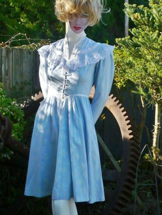 Vintage Victorian Steel Blue Shimmering Silver Floral Gunne Sax Midi Dress 3