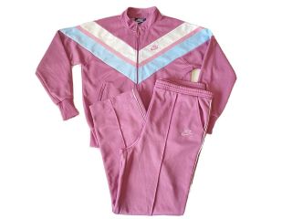 Vintage 80s Nike Swoosh Pink Nylon Track Suit Wind Suit Set Size M Very Rare Usa