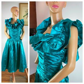 Vintage 80s Party Prom Shiny Satin Ruffle Off Shoulder Extreme Glam Dress L Xl