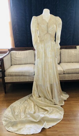 Vintage Wedding Dress 1940’s Cream Color Embroidered Satin Gown Small