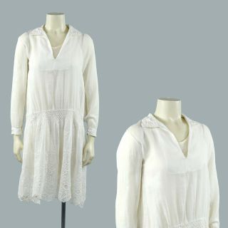 Vintage 20s Sheer White Gauze Cotton Drop Waist Embroidered Art Deco Day Dress