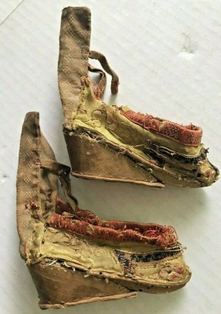 Pair Antique 19c Chinese Gold Metallic Embroidery Tassels Lotus Foot Bind Shoes