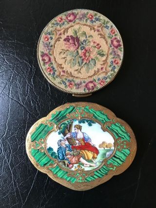 Set Vintage Powder Box,  Floral Tapestry,  Faux Malachite W/ Lovers Scene,  Italy
