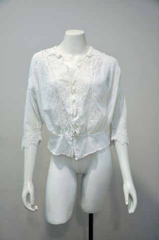 Antique Edwardian Swiss Dot Cotton Blouse Shirt Embroidery Spider Web Lace Xs/s
