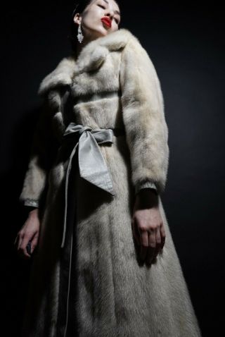 Vintage Full Length Silver Grey Cream Leather & Mink Fur Coat Jacket Trench