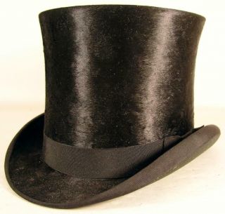 Antique Victorian Silk Top Hat With London Label & Leather Hat Box