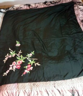 Antique Chinese Hand Embroidered Silk Piano Large Shawl Circa 1920