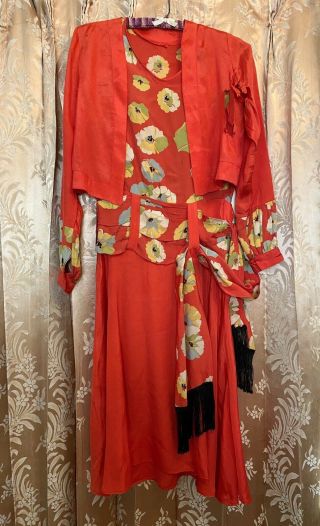 Antique 1920’s Red Silk Floral Flapper Dress W Jacket Fringe Sash Art Deco As - Is