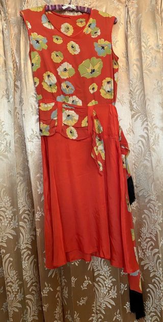 Antique 1920’s Red Silk Floral Flapper Dress w Jacket Fringe Sash Art Deco As - Is 2
