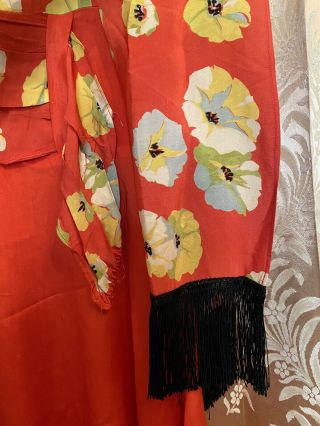 Antique 1920’s Red Silk Floral Flapper Dress w Jacket Fringe Sash Art Deco As - Is 3