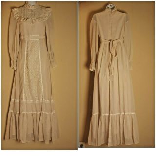 Vtg 1970s Candi Jones Of California Prairie Boho Dress Size 11 Beige With Lace