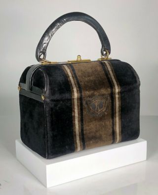 Vintage Rare Roberta Di Camerino Black Brown Gray Emblem Velvet Leather Satchel