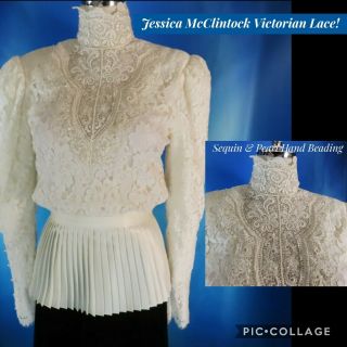 Vtg Gunne Sax Victorian Lace Blouse Top W/pearls & Sequins,  Bishop Sleeves,  38”b