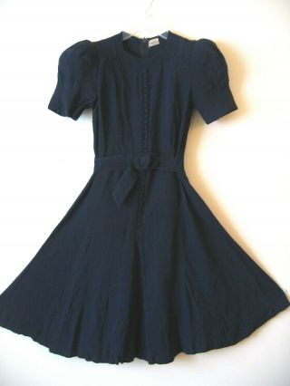 Vintage 1940s Women’s Navy Blue Rayon Dress With Underskirt And Belt Size Xs