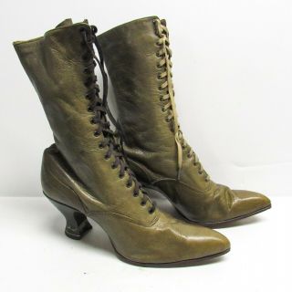 Antique 1900s Victorian High Top Lace Up Ankle Boots Olive Green Leather Spool