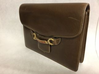 Vintage Gucci Brown Leather Bit Leather Flap Clutch With Gold Enamel 1970 - 1980