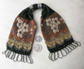 Antique Brown Tan Crochet Silver Floral Steel Bead Fringe Miser Purse 1800s