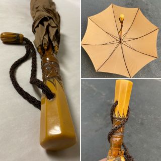 Vintage Beige Tan Umbrella Parasol Resin Acrylic Faux Carved Floral Handle 30”