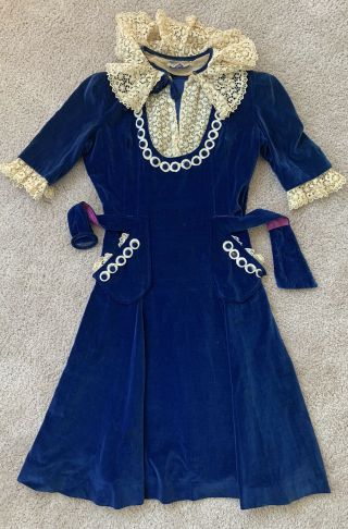 1940s 1930s Navy Velvet Juniors Day Dress Puff Sleeves Lace Trim Wwii Deco Xxs
