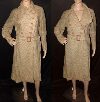 Fab Orig Vtg 20s 30s Women Hi Fashion Tweed Wool Art Deco Buttons Dress Coat S M