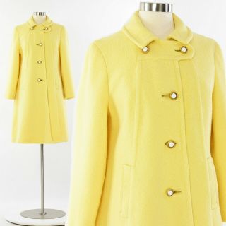 60s Vintage Womens M Pastel Yellow Wool A Line Coat Bracelet Sleeve