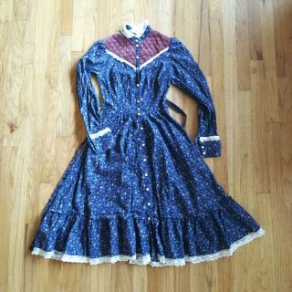 Vintage 1970s Gunne Sax Blue Calico Floral Velvet Prairie Dress Size Extra Small