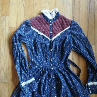 Vintage 1970s Gunne Sax Blue Calico Floral Velvet Prairie Dress Size Extra Small 2