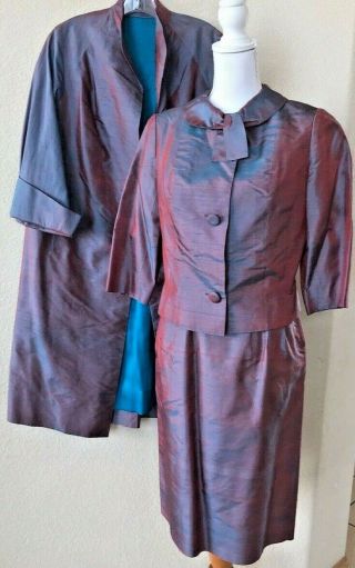 Vtg Hand Tailored 1960s 3 Pc Dress Car Coat Set Iridescent Purple Shimmer Silk M