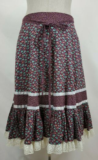 Vintage 70s Gunne Sax Skirt Size 11 Burgundy Prairie Floral Calico Lace Midi Vtg