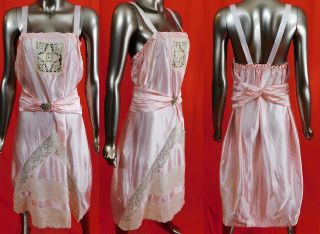 Vintage Art Deco Flapper Pink Satin Lace Trim Negligee Nightgown Sack Dress Belt