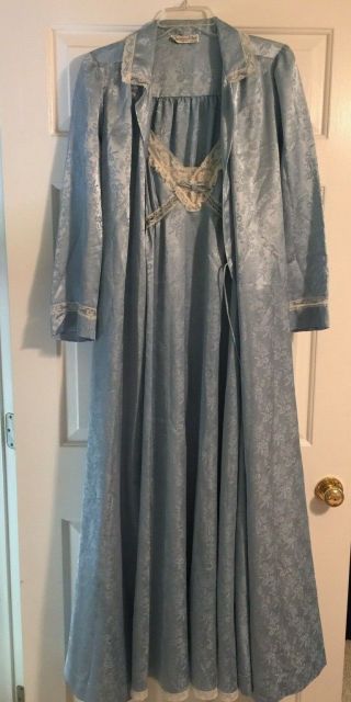 Vintage Christian Dior Blue Nightgown Robe Peignoir Set Small Union Label Lace