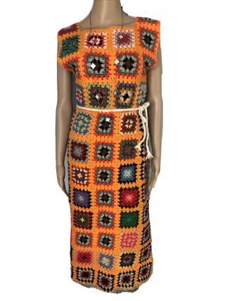 Vtg 70s Hand - Knit - Crochet Granny Afghan Square Boho Hippie Dress Belt S - M