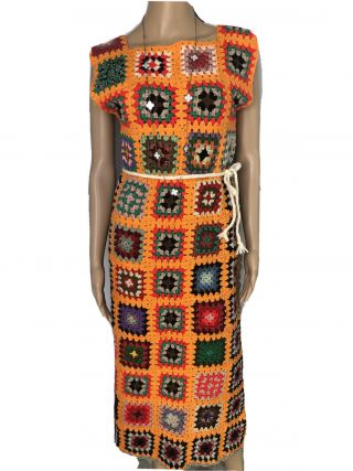 VTG 70s Hand - Knit - Crochet Granny Afghan Square Boho Hippie DRESS Belt S - M 2