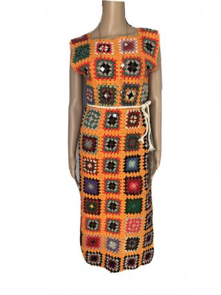 VTG 70s Hand - Knit - Crochet Granny Afghan Square Boho Hippie DRESS Belt S - M 3