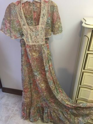 Vtg 70s Prairie Prom Boho Maxi Dress Sm Gunne Sax Style Nymph With String Lute