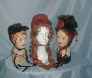 Antique Hats Victorian Group Of Three Silk And Straw Hats