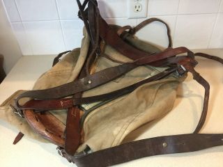 Antique Backpack Rucksack Canvas Leather Iron Frame Vintage
