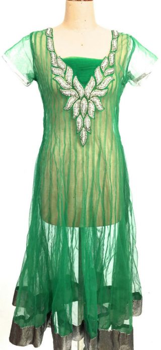 Vintage Rare Emerald Green Silver Diamontes Encrusted Sheer Party Dress 10 12