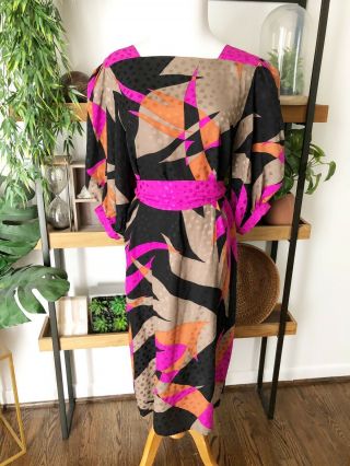 Flora Kung Nwt Deadstock Vintage Size 6 100 Silk Black Pink Abstract Midi Dress