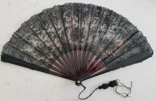 Large Antique Black Lace And Faux Tortoiseshell Hand Fan.  2